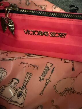 Victoria's Secret Pink Striped Cosmetic Pouch with Gold Logo